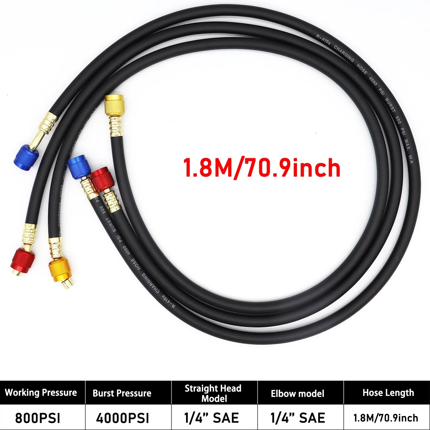 0.9M-1.8M AC Charging Hose Tube Kit Hose Low Loss Fittings for R134A R12 R22 Refrigerant Air Conditioning Manifold Gauge Qme 1.8M 4000psi