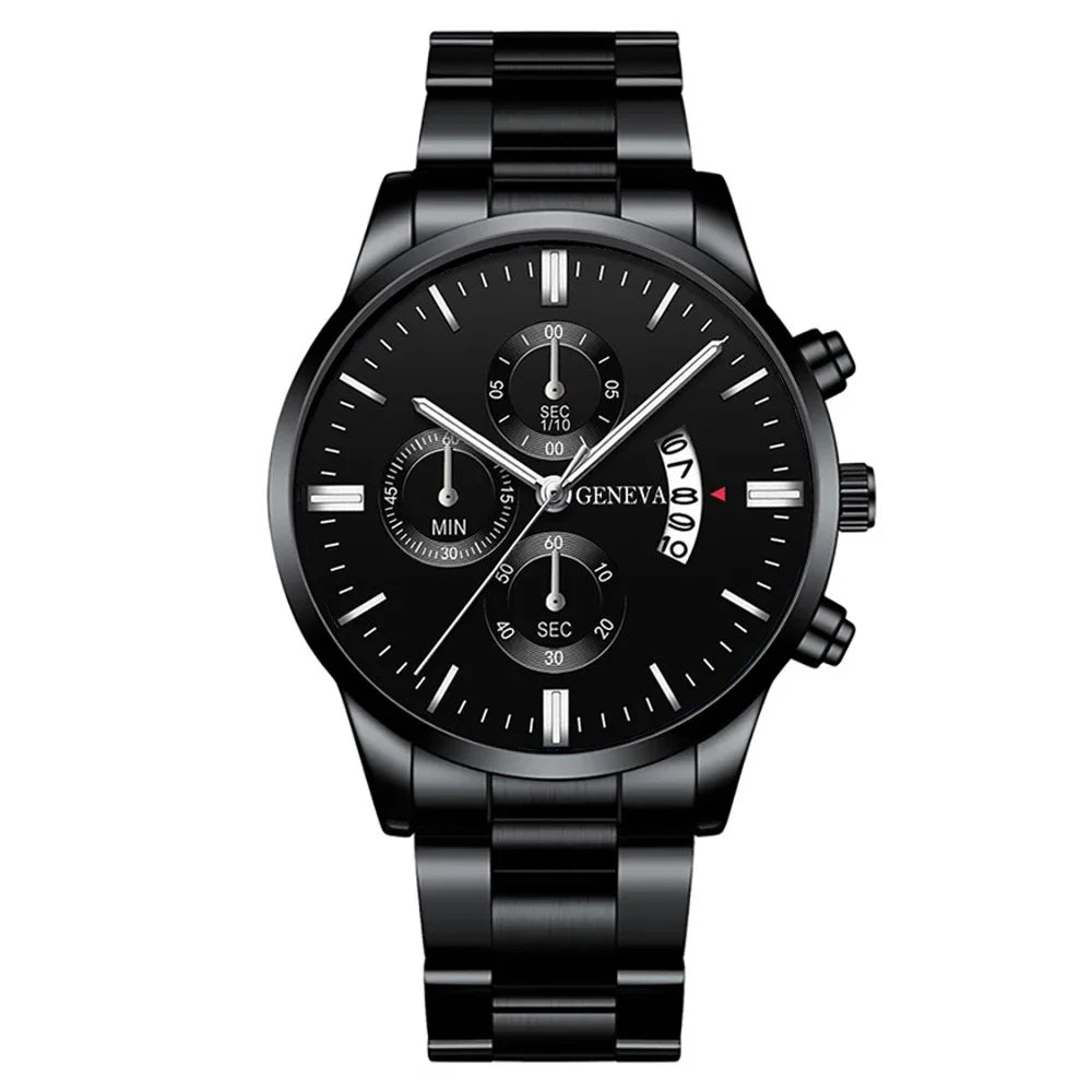 Classic Silver Tone Male Accessory Kit, Analog Chronograph Steel Band Watch with Thick Cuban Link Bracelet Cross Pendant Necklac Qme