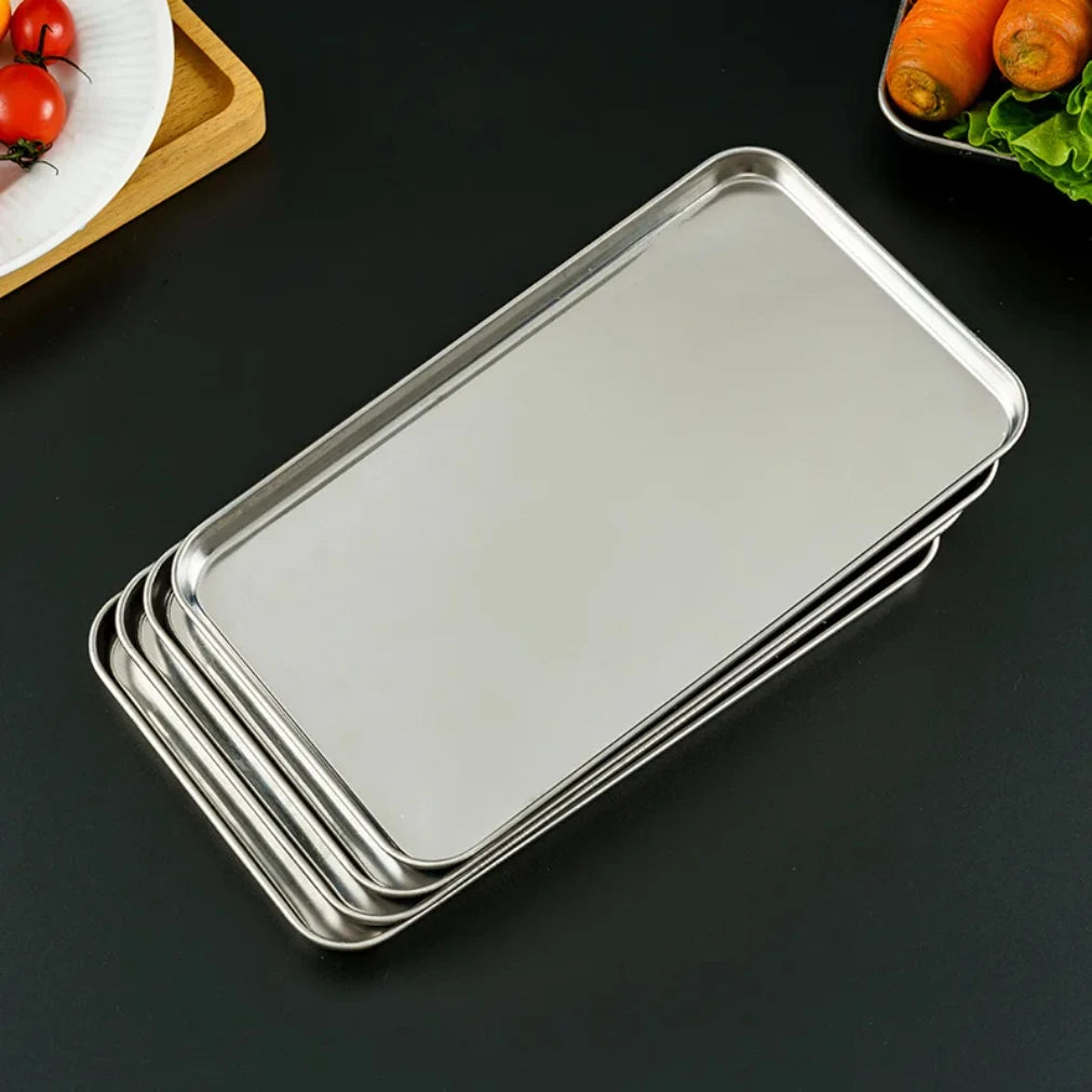 Metal Food Serving Plate Rectangle Stainless Steel Tray Home Dishes Qme