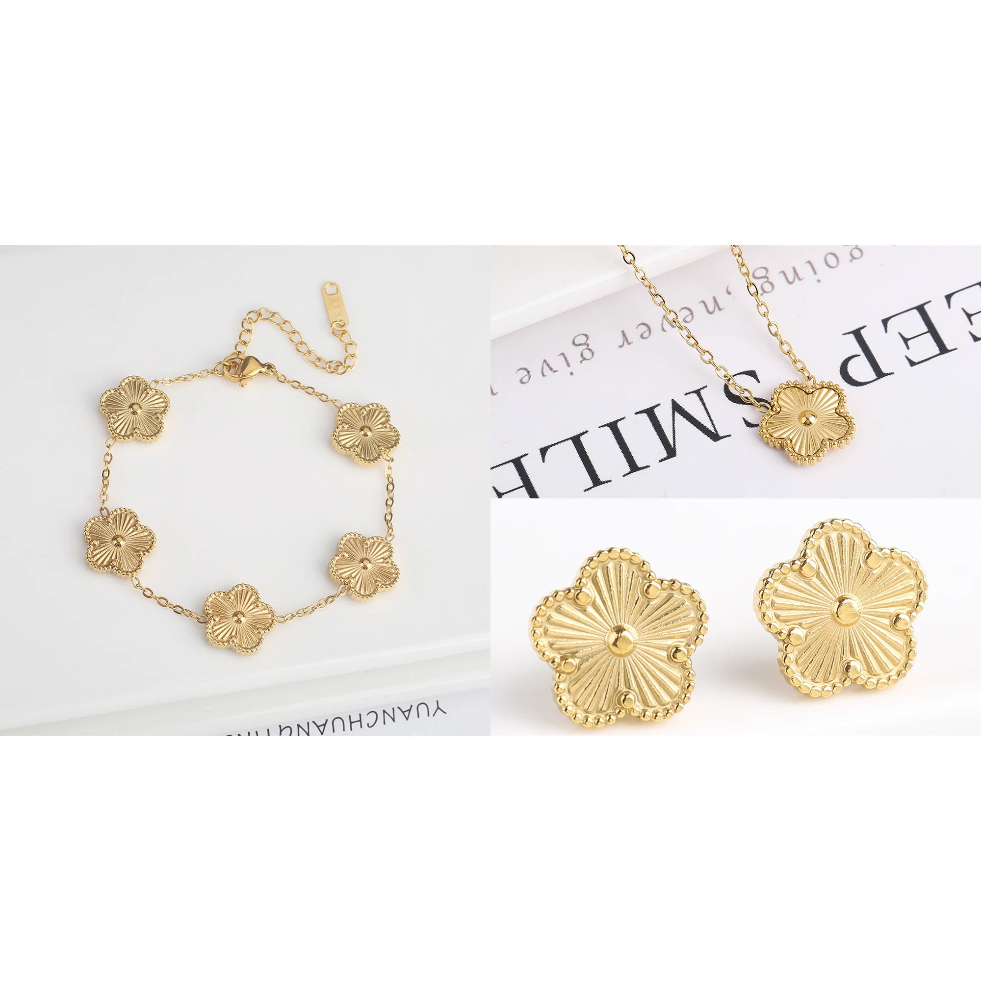 Simple 316L Stainless Steel Flower Five Leaf Necklace Bracelet Earrings 18K Gold Plated Jewelry Set For Women Girl Gift Clover Qme Jewelry Set 4