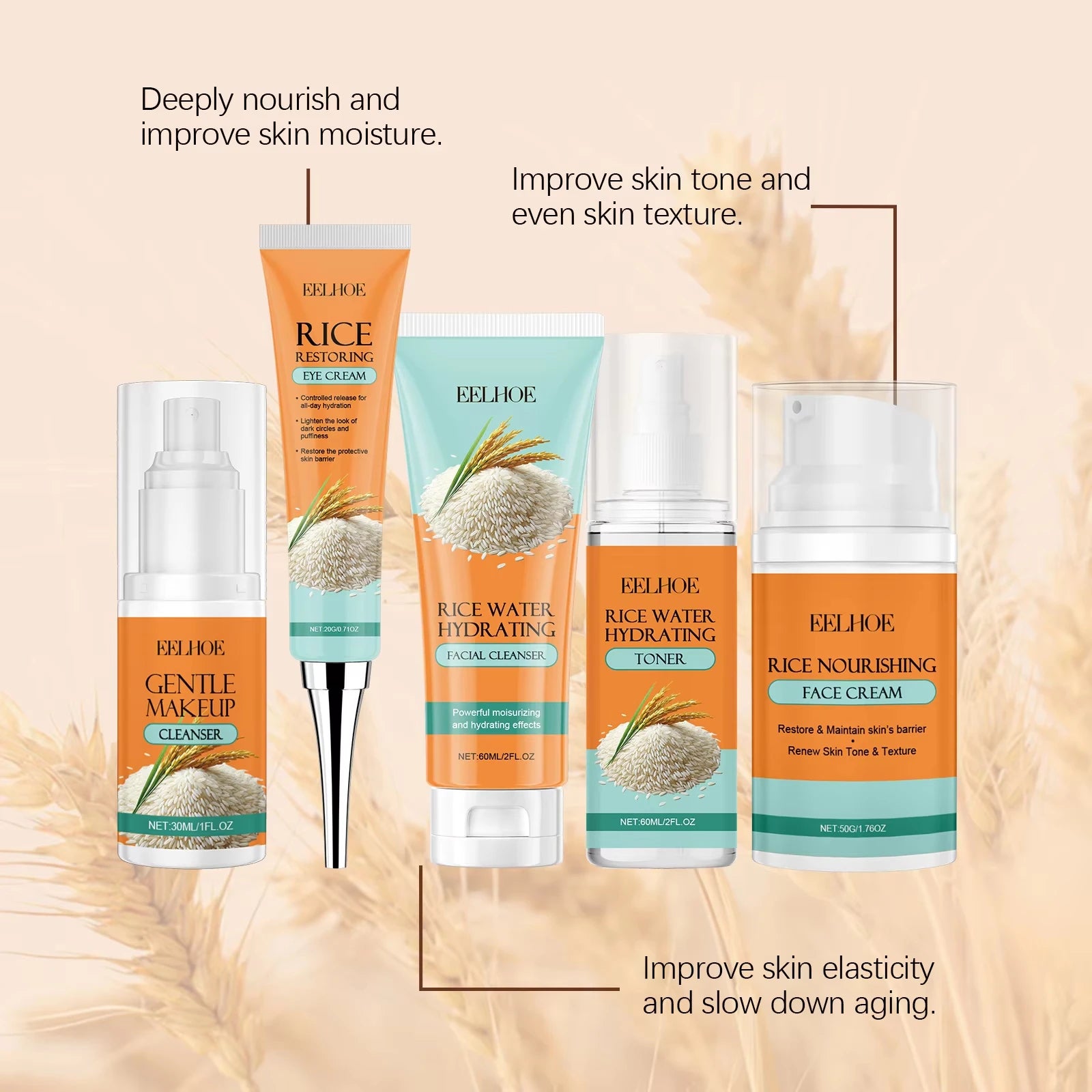 Rice Skincare Set 5 IN1 Gentle Brightening Makeup Remover Makeup Remover Toner Face Cream Eye Cream Moisturizing Glowing Skin Qme