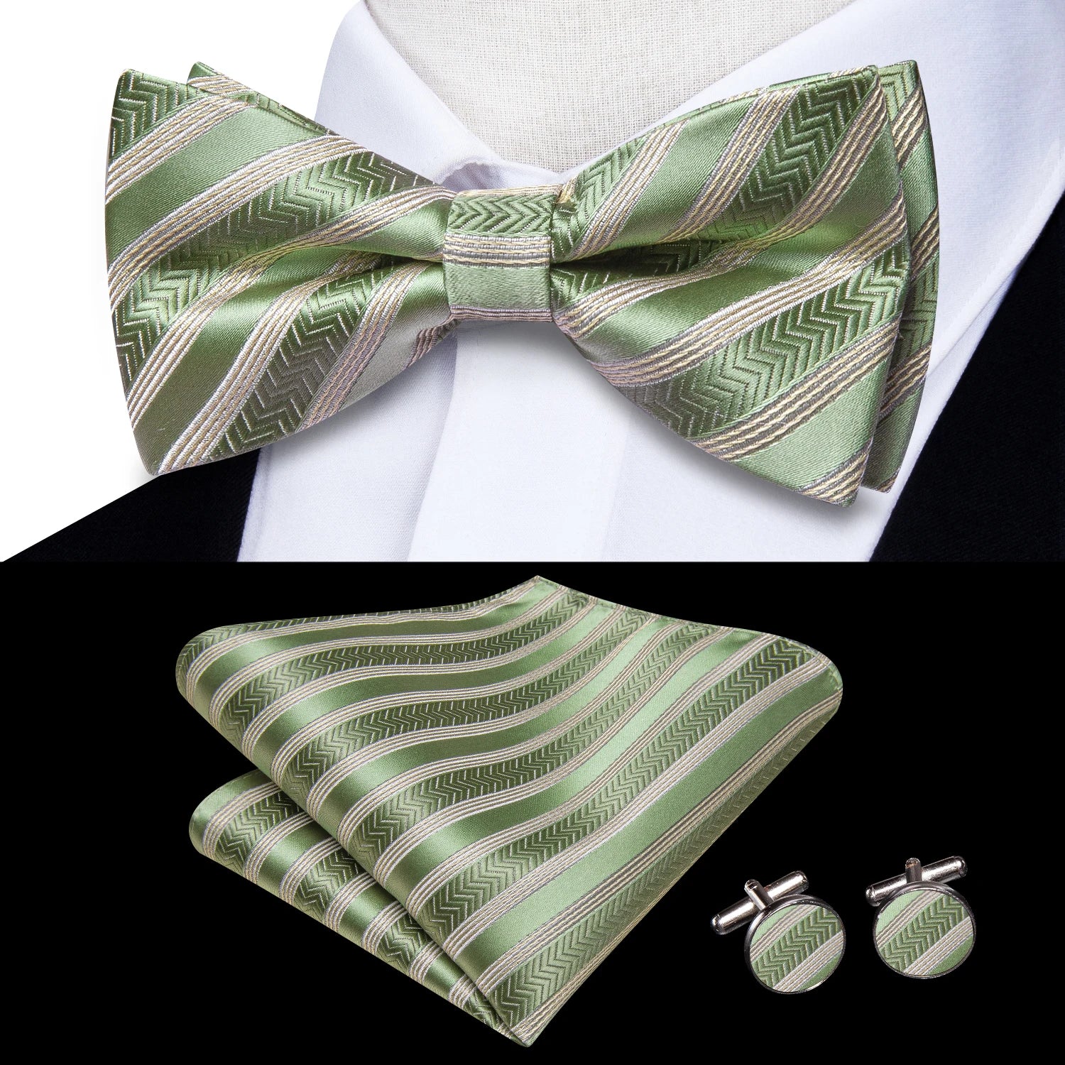 Hi-tie Silk Mens Striped Bow Tie Royal Blue Red Hanky Cufflinks