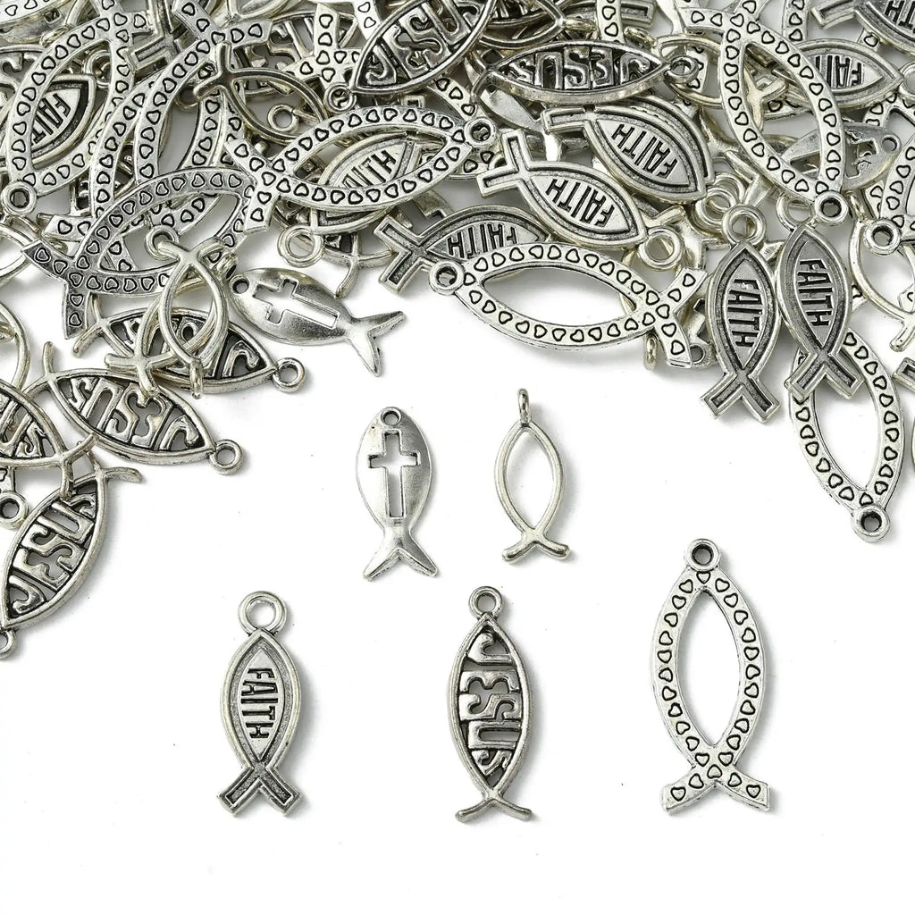 Pandahall 100Pcs 5 Styles Easter Theme Tibetan Jesus Fish Charms Antique Silver Color Christ Fish Pendants for Jewelry Making Qme