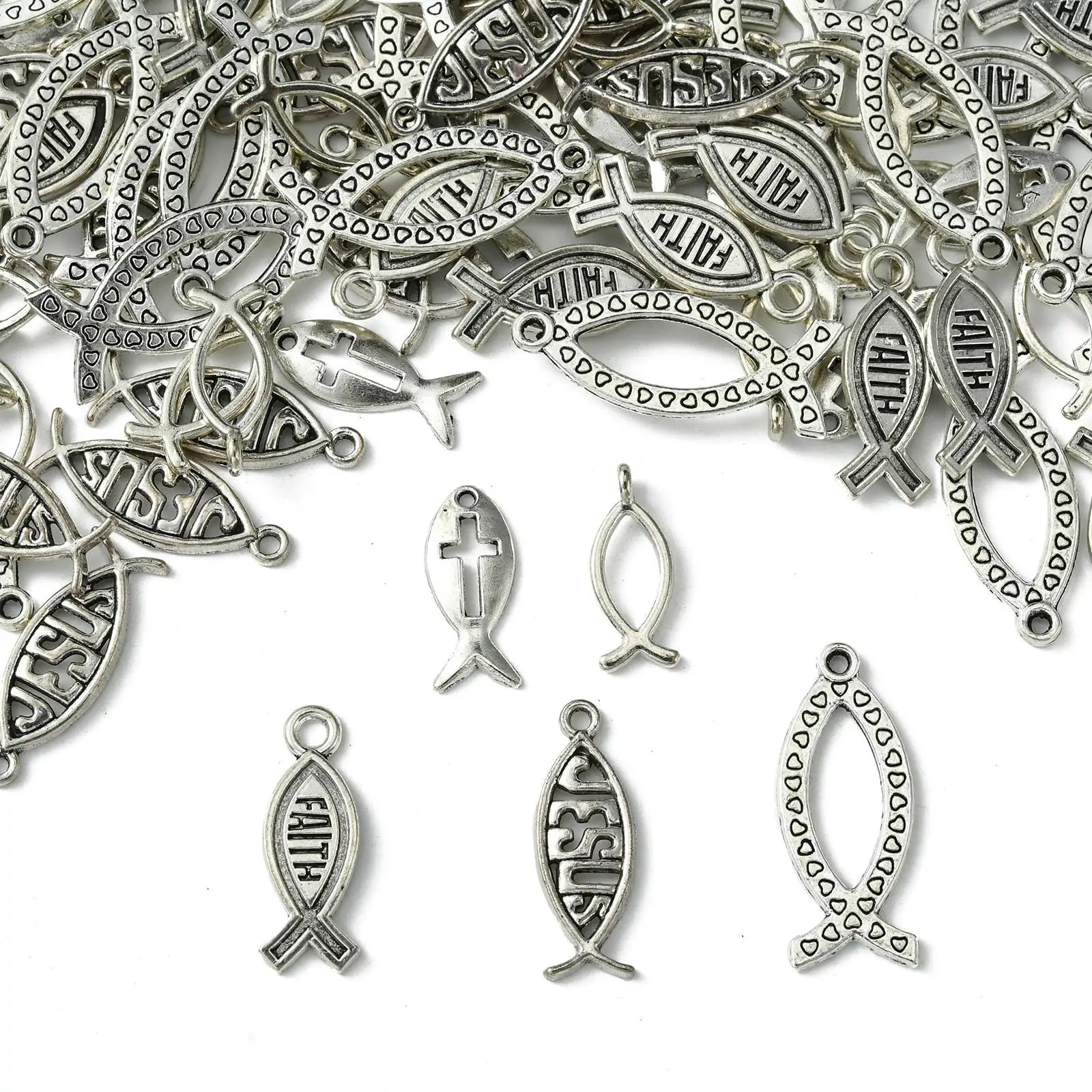 Pandahall 100Pcs 5 Styles Easter Theme Tibetan Jesus Fish Charms Antique Silver Color Christ Fish Pendants for Jewelry Making Qme