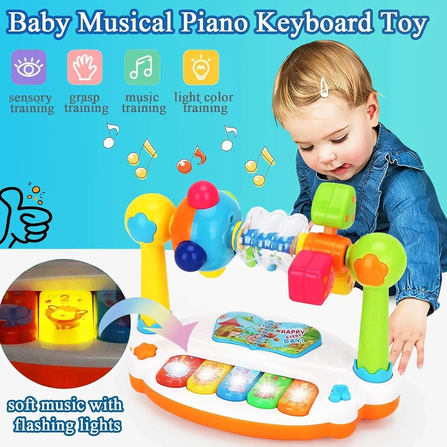 Baby Piano Toys Kids Rotating Music Keyboard Light Sound, Musical Toy for Toddlers,Early Educational Music Toy Gift Random Color Qme