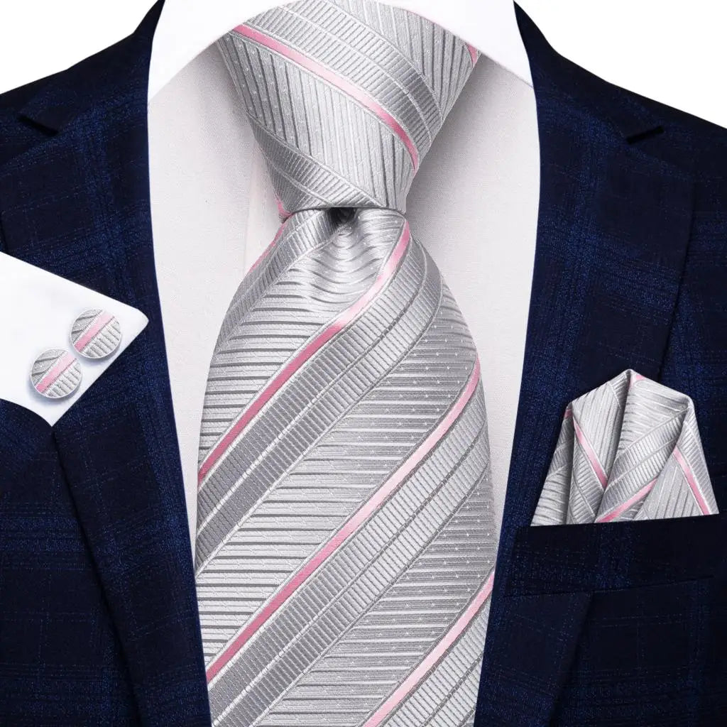 Hi-tie Smoke Grey Tie Men Elegant Mens Necktie Pocket Square Cufflink
