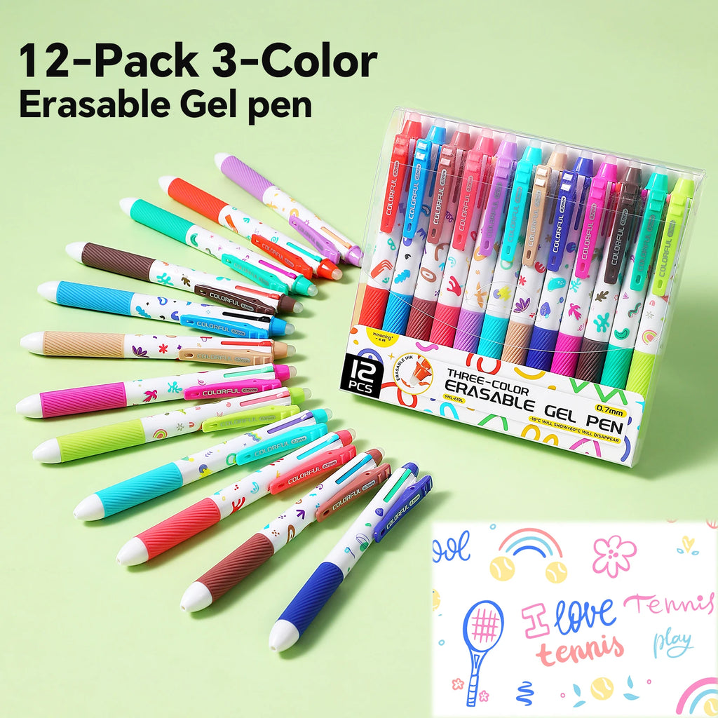 12 Large-Capacity Erasable Gel Pens/ 36-Color , Highlighting & Doodle Pens for Students' Error Notes Qme