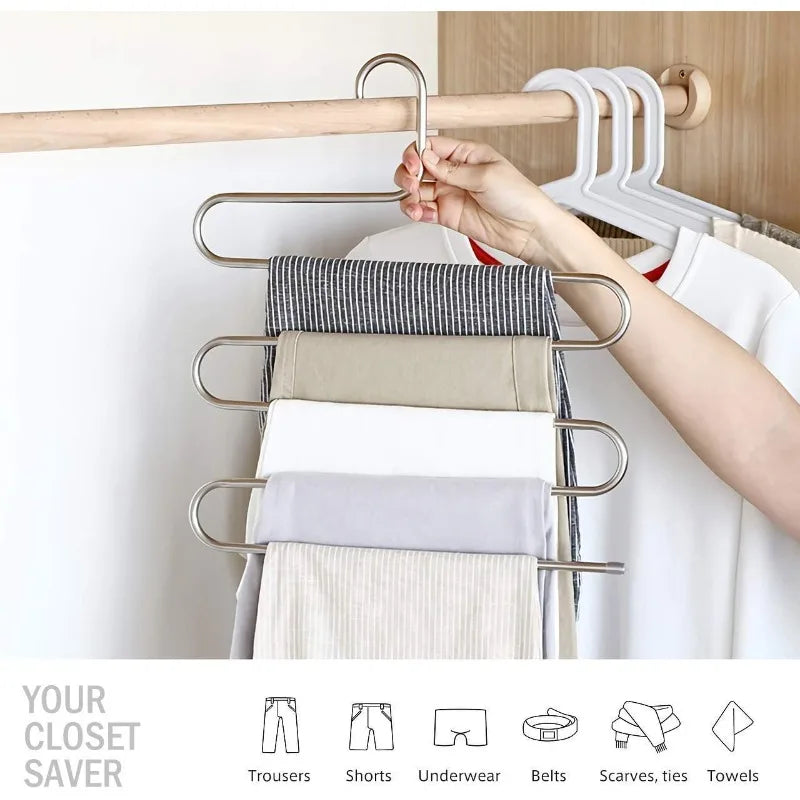 5-layer S-shaped Stainless Steel Trouser Rack Multifunctional Hanger Space-saving Non-slip Pants Storage Accessories Qme
