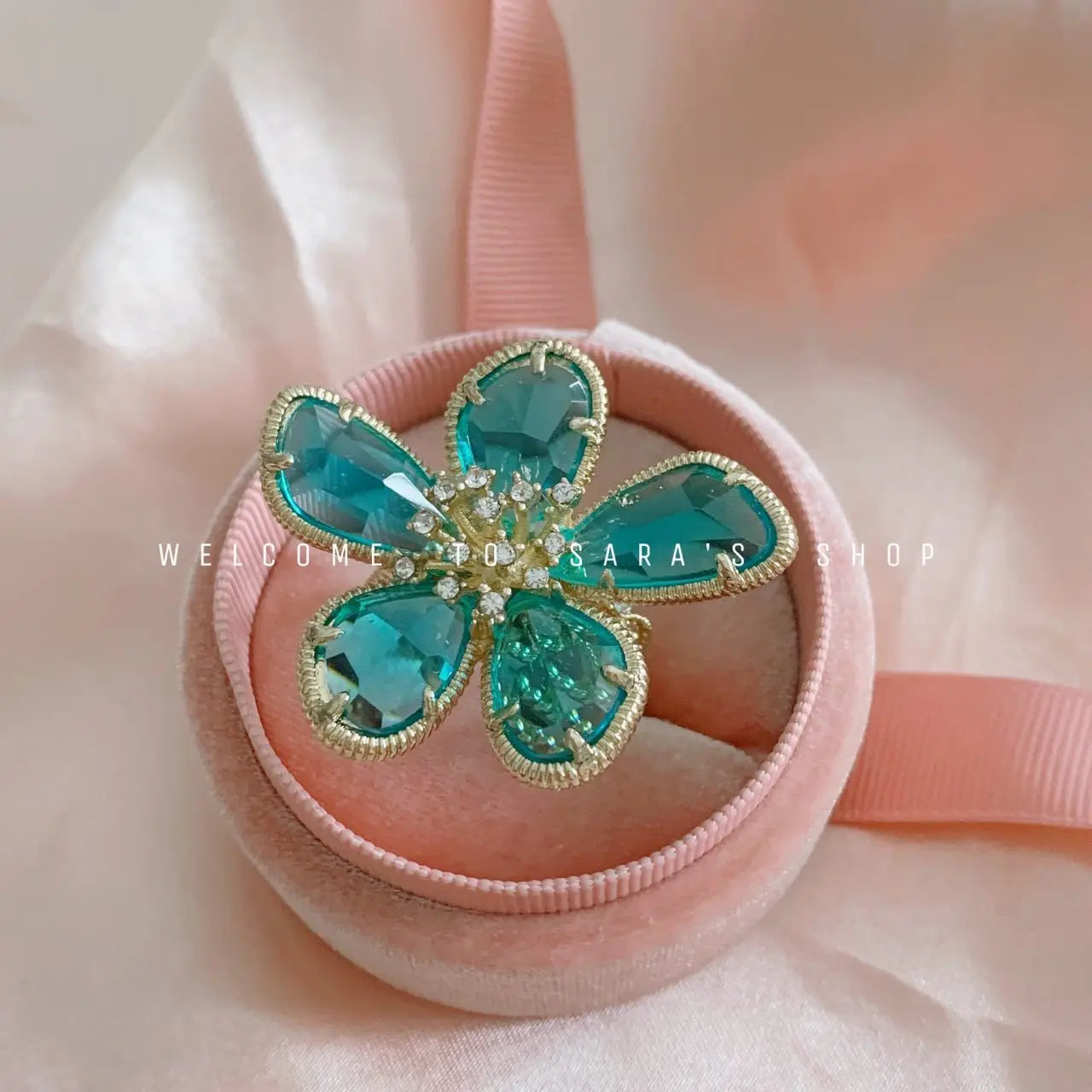 Personality Exaggerated Crystal Flower Ring Womanly Fashion Open Ring Women's Cocktail Party Luxury Jewelry Gifts Qme Aquamarine resizable
