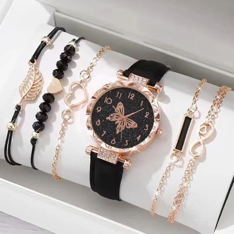 5Pcs Women Pink Suede Strap Watch Set, Floral Bezel Snowflake Dial Quartz Watch + Leaf Heart Pink Crystal Stack Bracelets Qme Grey