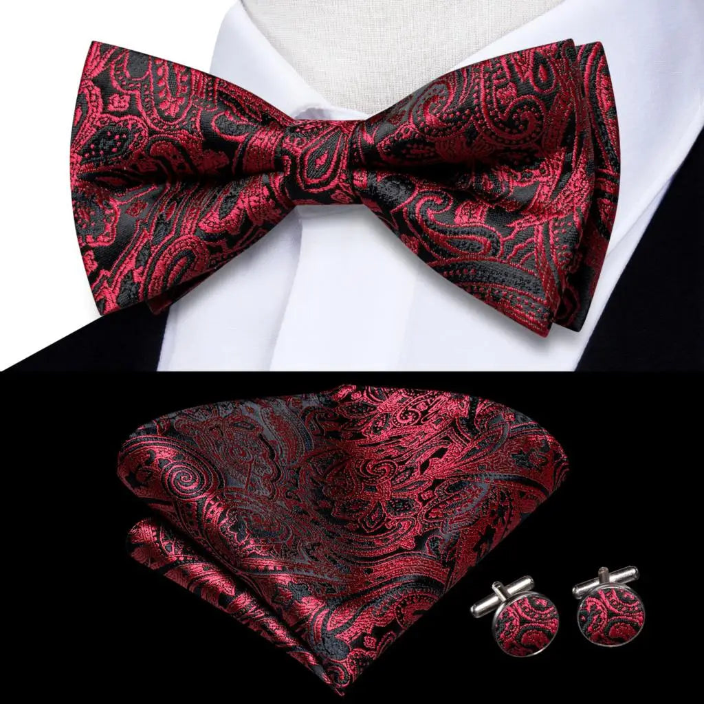 Rose Red Burgundy Maroon Silk Mens Bow Tie Hanky Cufflinks Set Jacquard Pre-tied Butterfly Knot Bowtie for Male Wedding Business Qme LDLH0574