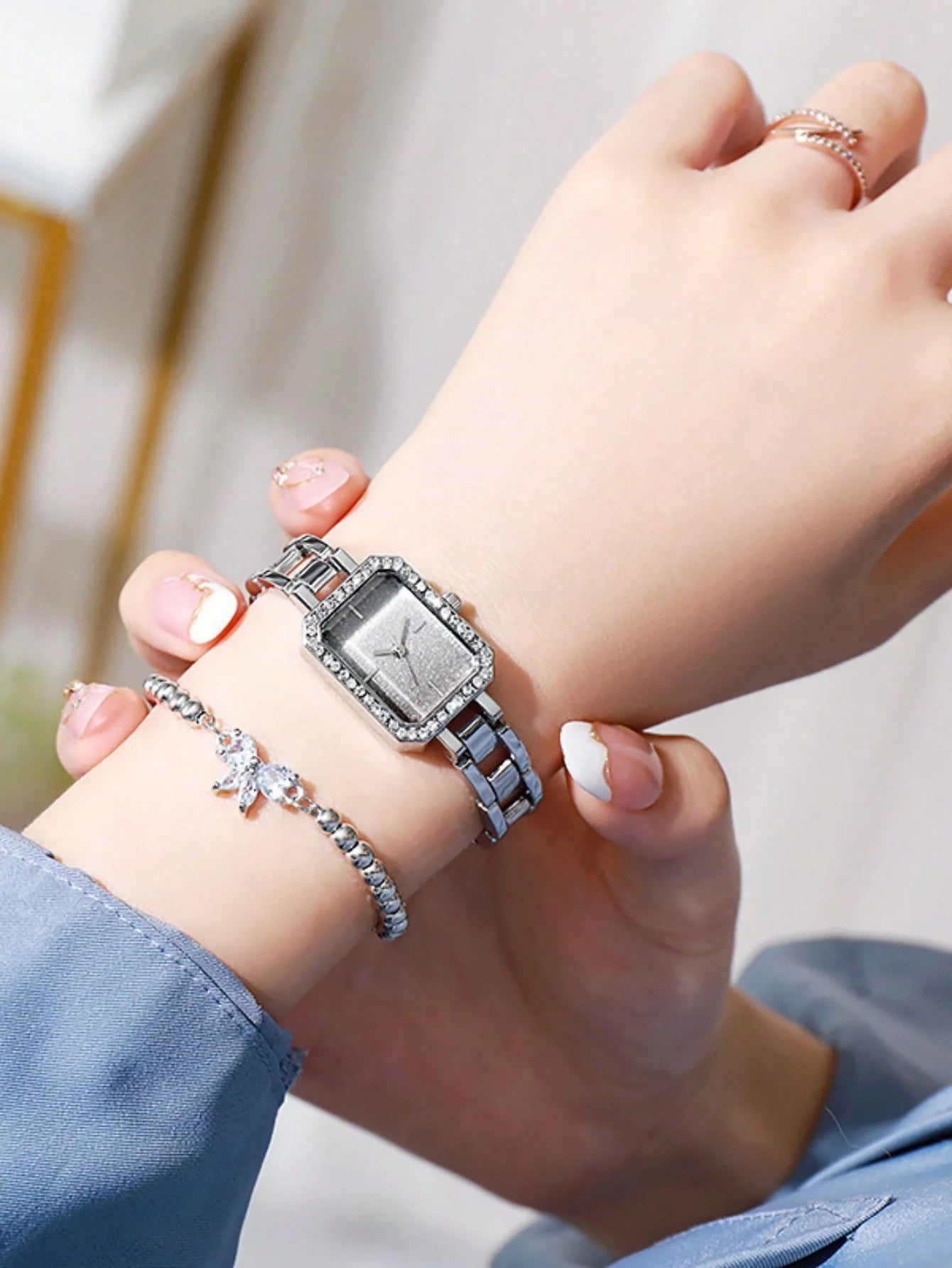 2-piece set of women's watches, women's styles, simple and fashionable, starry sky, diamond studded square watch set Qme Silver No