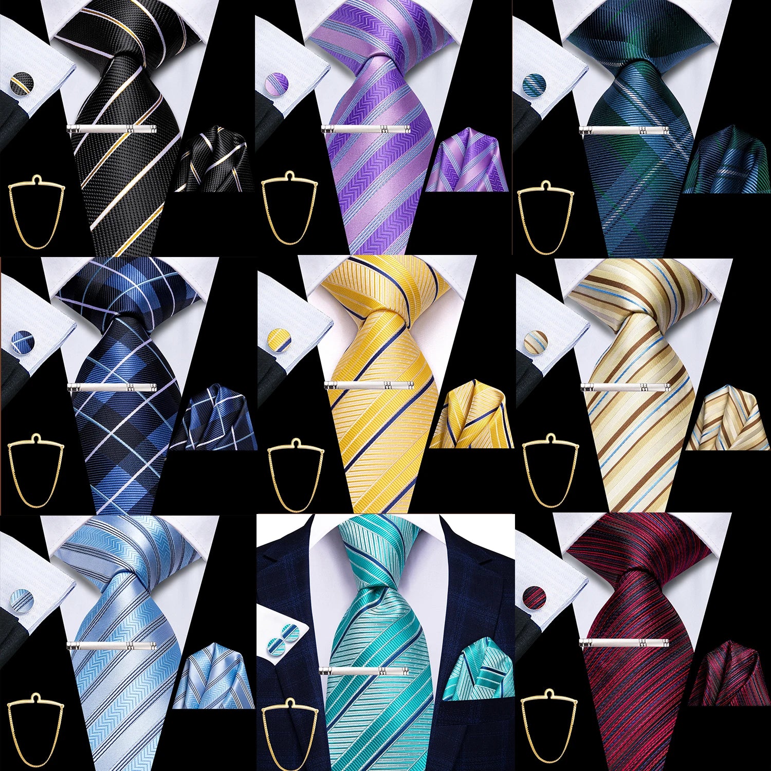 Hi-Tie Men's Smart Business Tie Set 5 Pcs - Striped Tie, Handkerchief, Cufflinks, Lapel Clip, Chain Qme