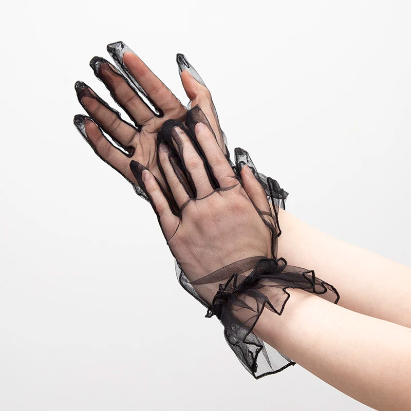 Women Black Lace Gloves Ultra Thin Tulle Wedding Bride Dress Driving Qme