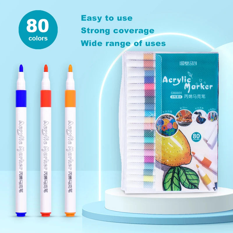 Acrylic Paint Marker Set - 12/24/36/48/60/80 Colors, Non-toxic, Waterproof, Suitable for DIY, Artists, Office Supplies Qme 80Colors