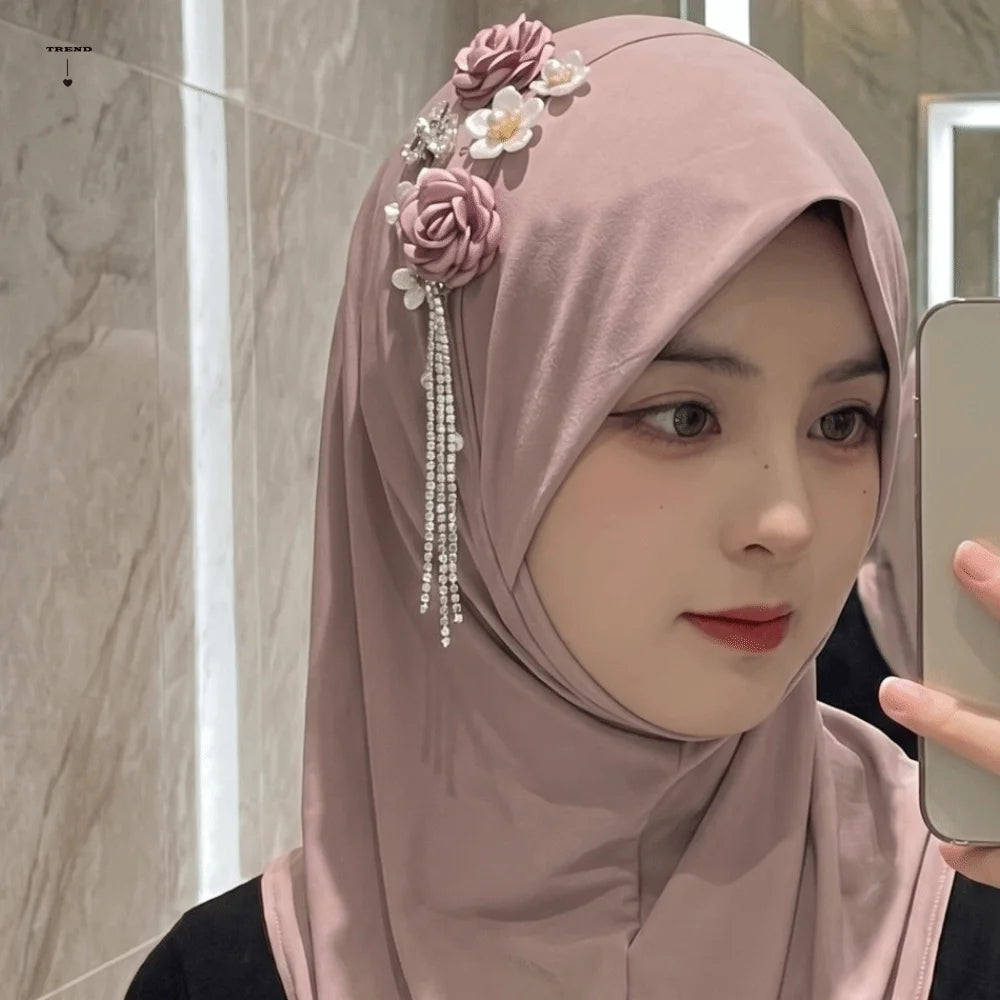 Round Neck Elastic Flower Tassel Hijab Cap Breathable Solid Color Pre-Tied Headscarf Soft Fabric Polyester Head Wrap Home Qme