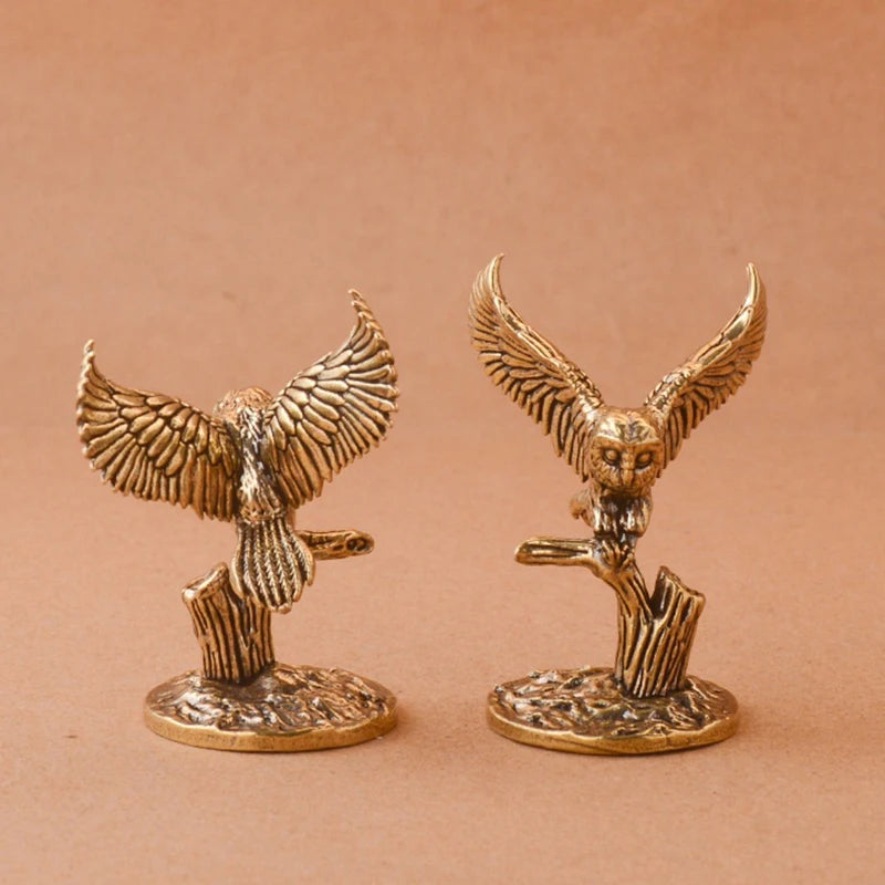 Antique Solid Brass Owl Miniature Figurines Retro Copper Animal Tea Qme