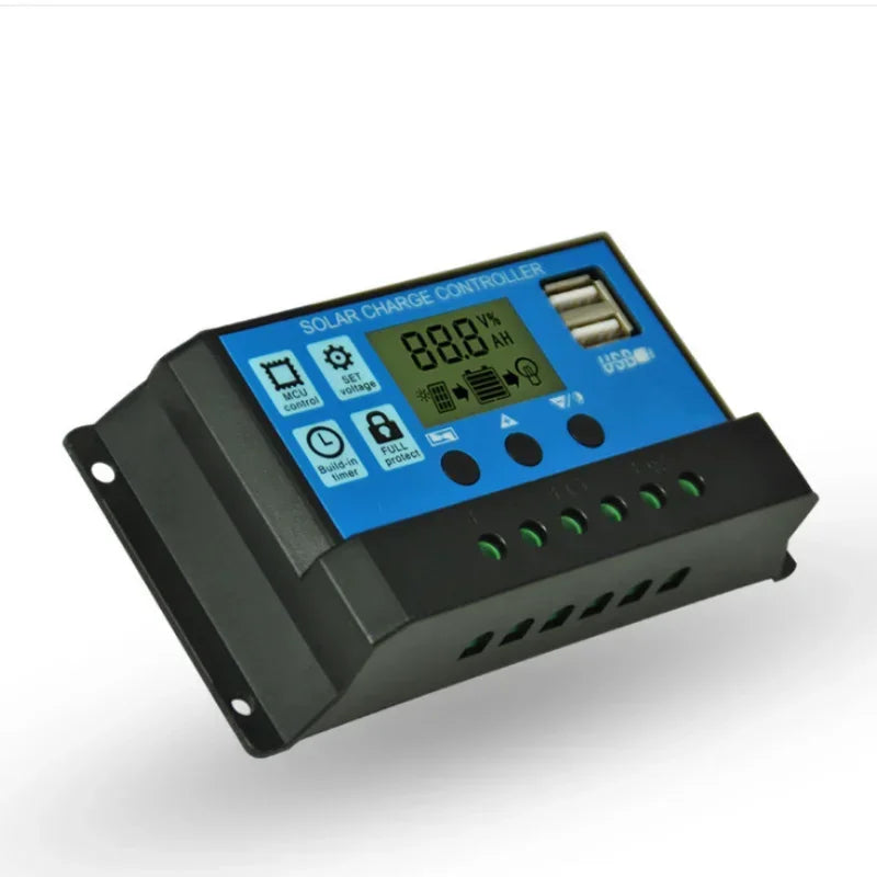 60A/50A/40A/30A/20A/10A Solar Charger Controller 12V 24V Auto PWM Controllers LCD Display 5V Dual USB Output Controller Qme
