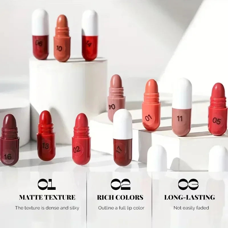 18-Color Mini Lipstick Set Matte Long-Lasting Lip Gloss Combination Capsule Lipstick Waterproof Lip Liner Portable Travel Style Qme