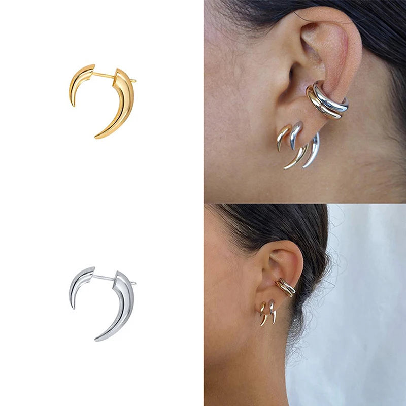 Boho Horn Stud Earring Gold Silver Color Moon Punk Earring For Women Party Jewelry Accessory Unique Wolf Fangs Earring Qme