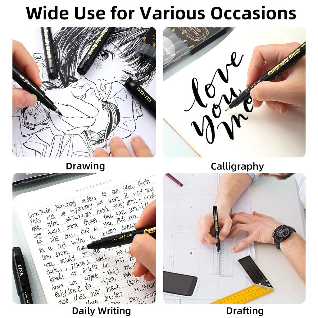 4 Pcs Black Hand Lettering Calligraphy Pen Set Drawing Writing Learning Fine Brush Markers Art Supplies Manga Pen Qme