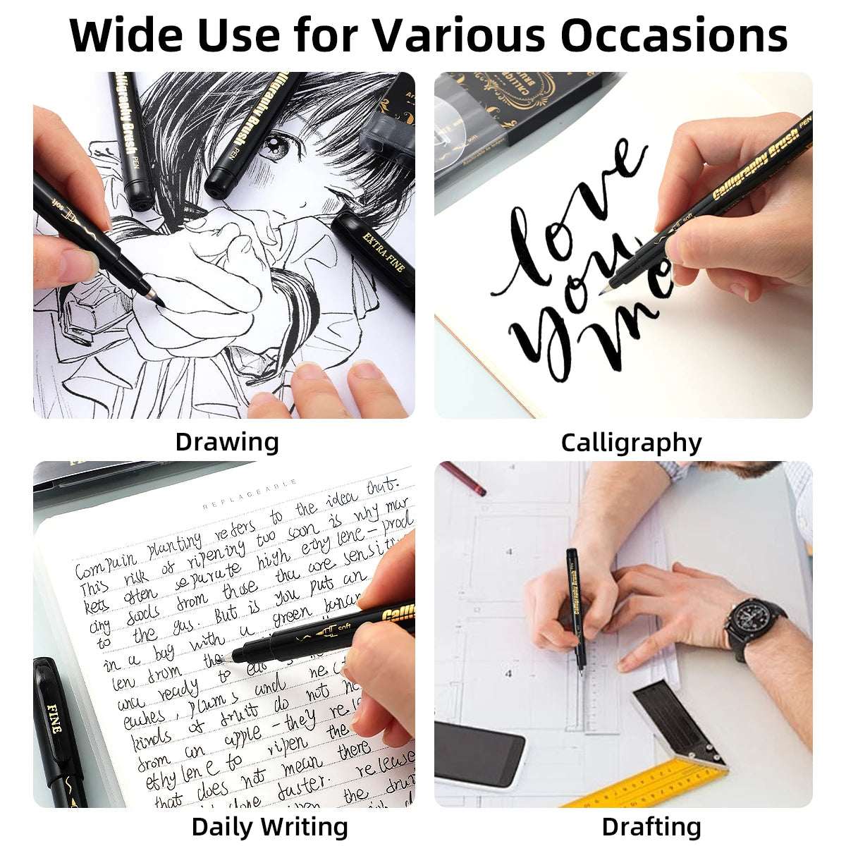 4 Pcs Black Hand Lettering Calligraphy Pen Set Drawing Writing Learning Fine Brush Markers Art Supplies Manga Pen Qme