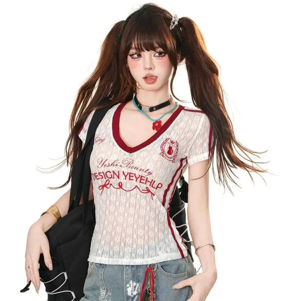 Micro Transparent V-neck T-shirt Short Sleeved Slim Fit Letter Qme