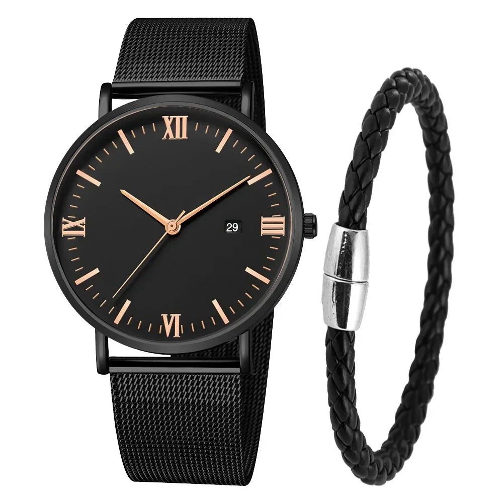 Ultra Thin Men Watch Magnetic Bracelet Quartz Watch Calendar Men Slim Mesh Steel Waterproof Sport Watch Black Relogio Masculino Qme Black Rose set