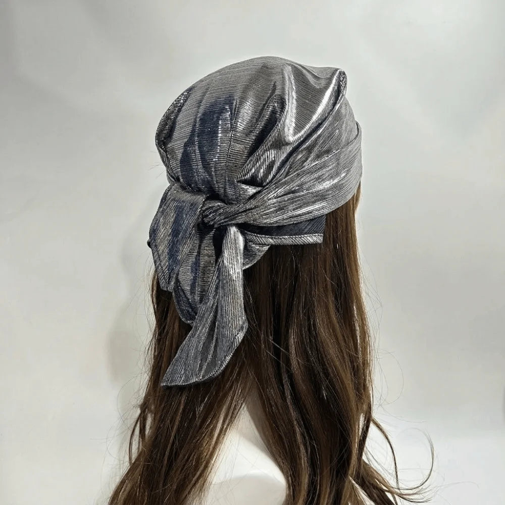 Polyester Liquid Silvery Headscarf Sparkly White Shiny Metallic Bandana Lightweight Breathable Satin Square Turban Qme