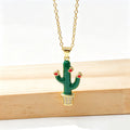 Gold Plated Multicolor Zircon Enamel Art Cactus Pendant Necklace Bohemian Floral Jewelry For Women Casual Vacations Gift New Qme 7