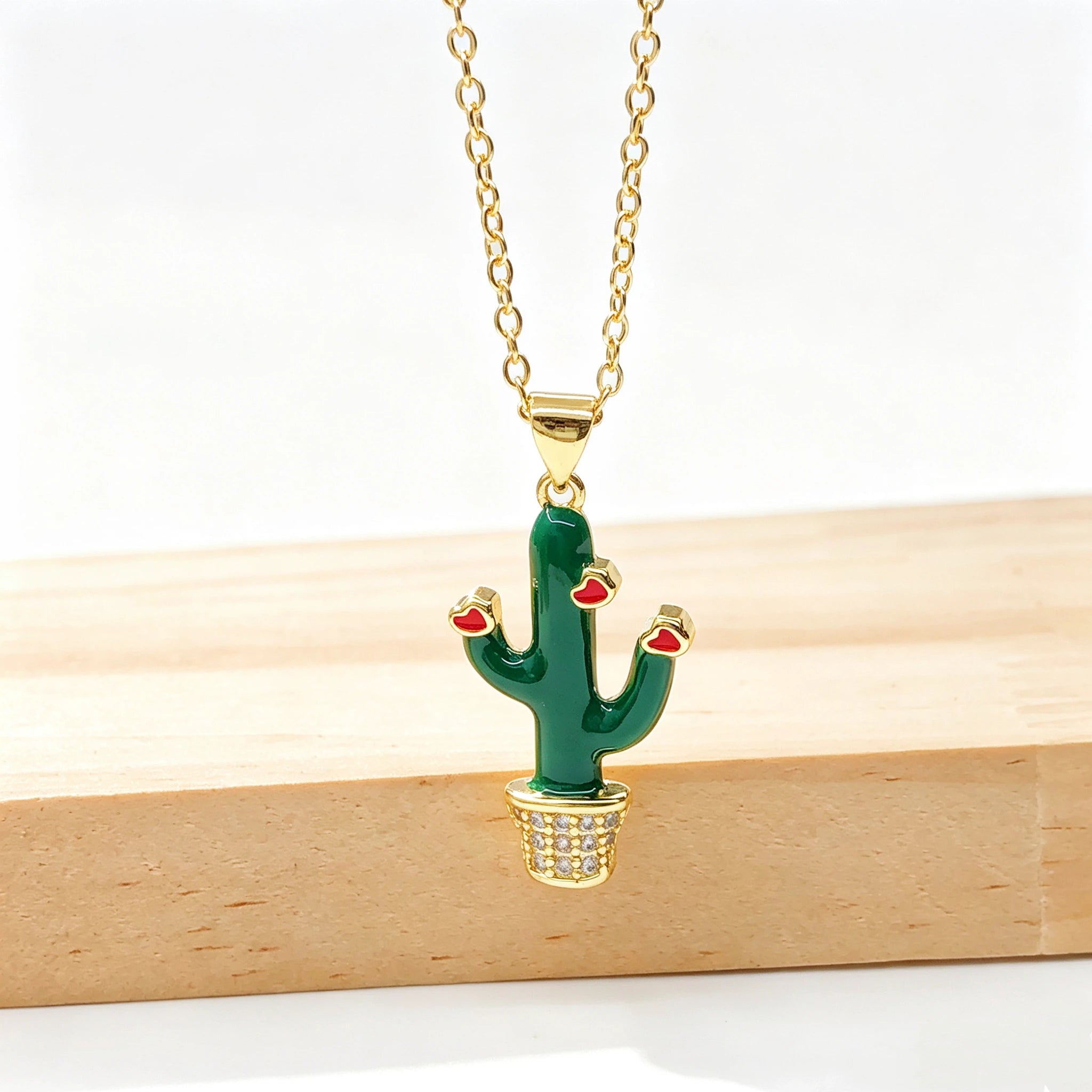 Gold Plated Multicolor Zircon Enamel Art Cactus Pendant Necklace Bohemian Floral Jewelry For Women Casual Vacations Gift New Qme 7