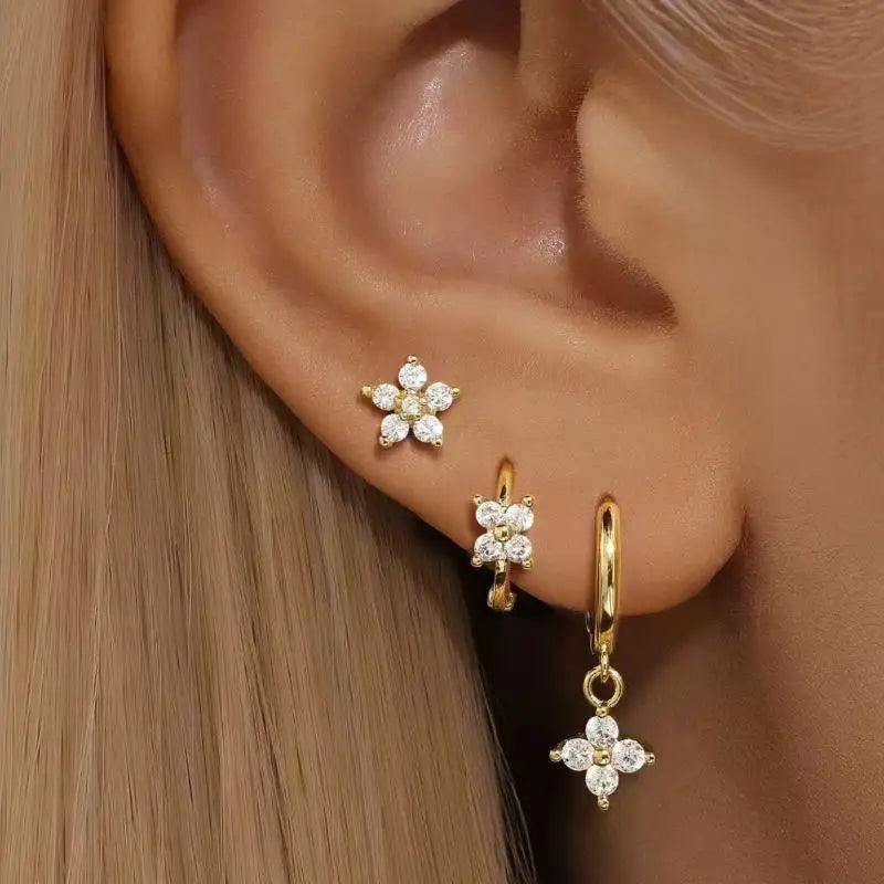 3PCS Fashion Cute Zircon Flower Ear Stud For Women Fashion 18K Gold Plated Star Ear Stud Earring Piercing Girl Set Jewelry Gift Qme