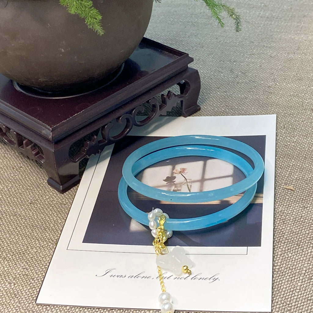 2Pcs/Set Imitate Natural Jade Jingle Butterfly Jelly Bangles Retro Simple Girl Antique Glass Bracelet Women's Jewelry Gifts Qme