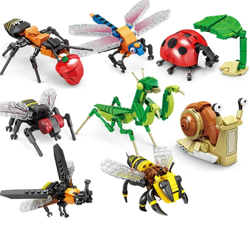 Creative Building Blocks Insect Model Bee Dragonfly Ant Mantis Children's Assembled Toys Interesting Animal Ornaments Gifts Kids Qme