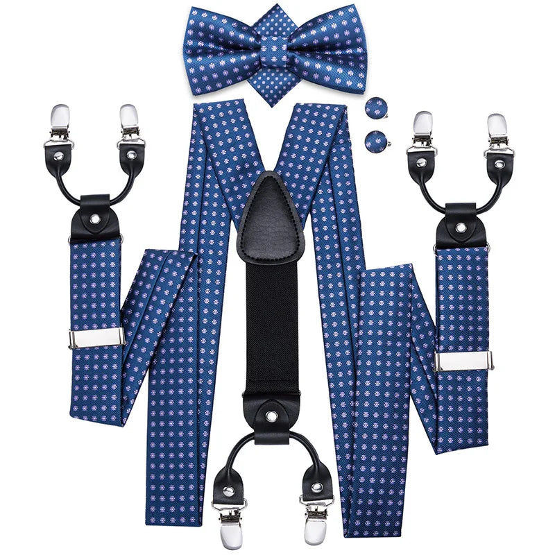 Silk Woven Mens Suspenders Bow Tie Hanky Cufflinks Strength 6 Clips Qme