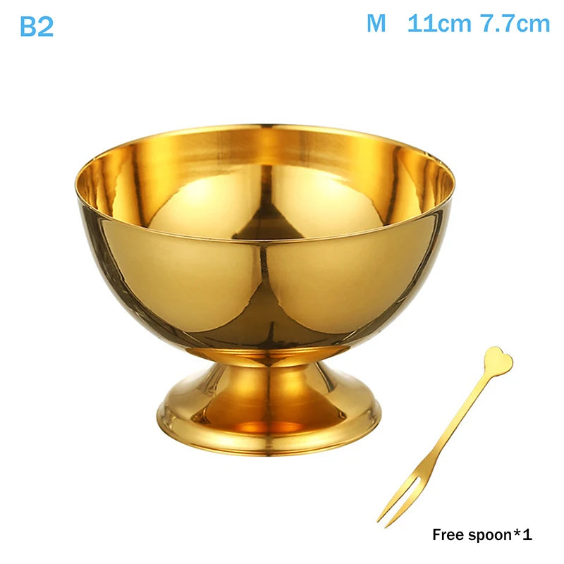 Stainless Steel Ice Cream Cup Gold Silver Dessert Bowl Spoon Qme B2