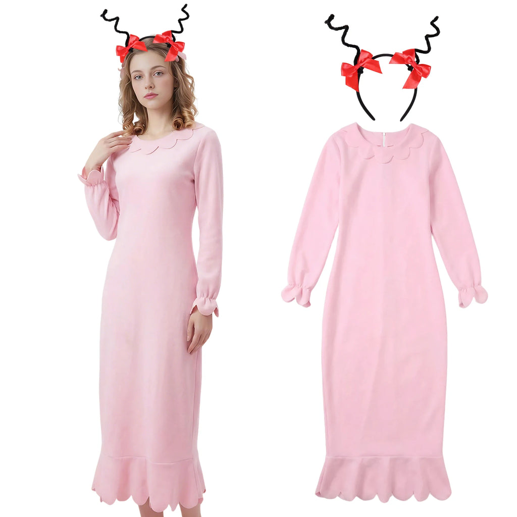 Adult Cindy Lou Who Costume Women Pink Long Sleeve Princess Dress with Headband Christmas Dress Up Nightgowns Outfit Qme