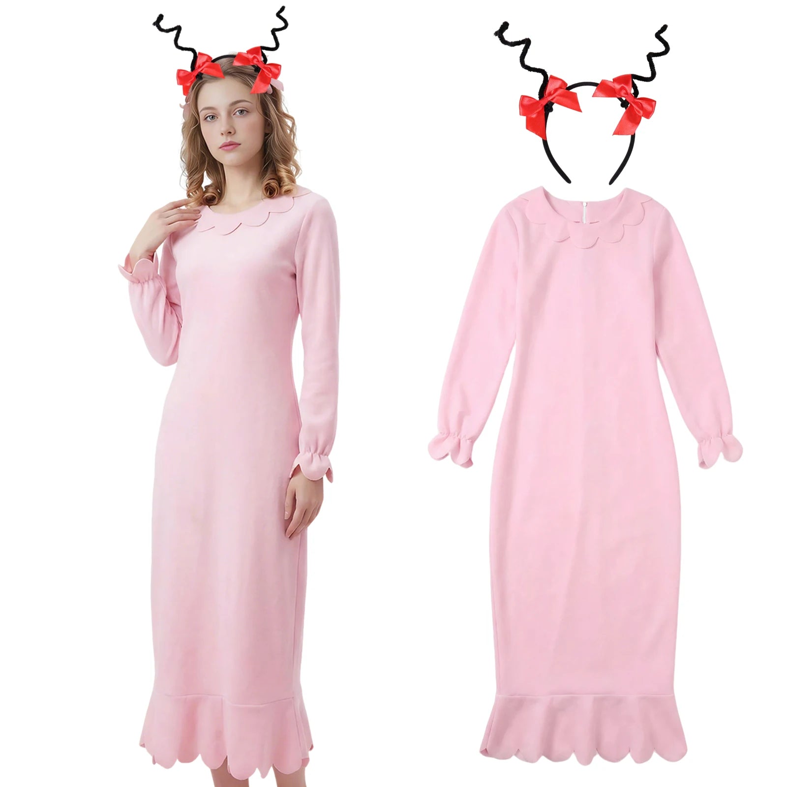 Adult Cindy Lou Who Costume Women Pink Long Sleeve Princess Dress with Headband Christmas Dress Up Nightgowns Outfit Qme