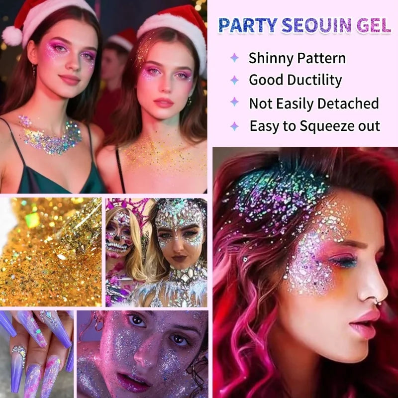 Sparkling Sequins Glitter Gel Stick 10 Color Body Glitter Gel Cosmetic Hair Glitter Festival Makeup for Christmas Party Qme
