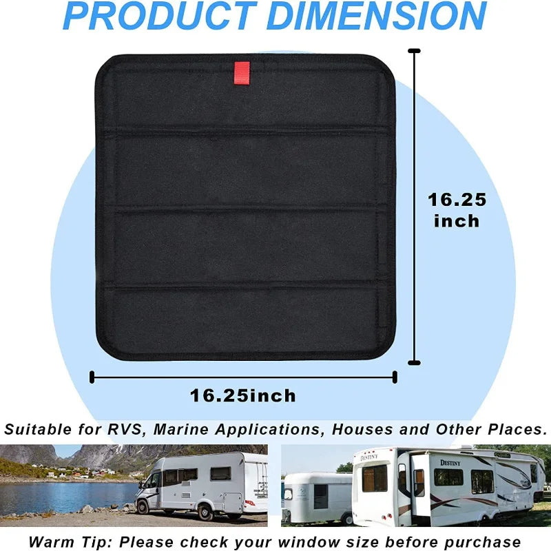 Foldable sunshade curtains suitable for RV sunroofs, used to lower the roof temperature.It features a reflective sunshade design Qme black