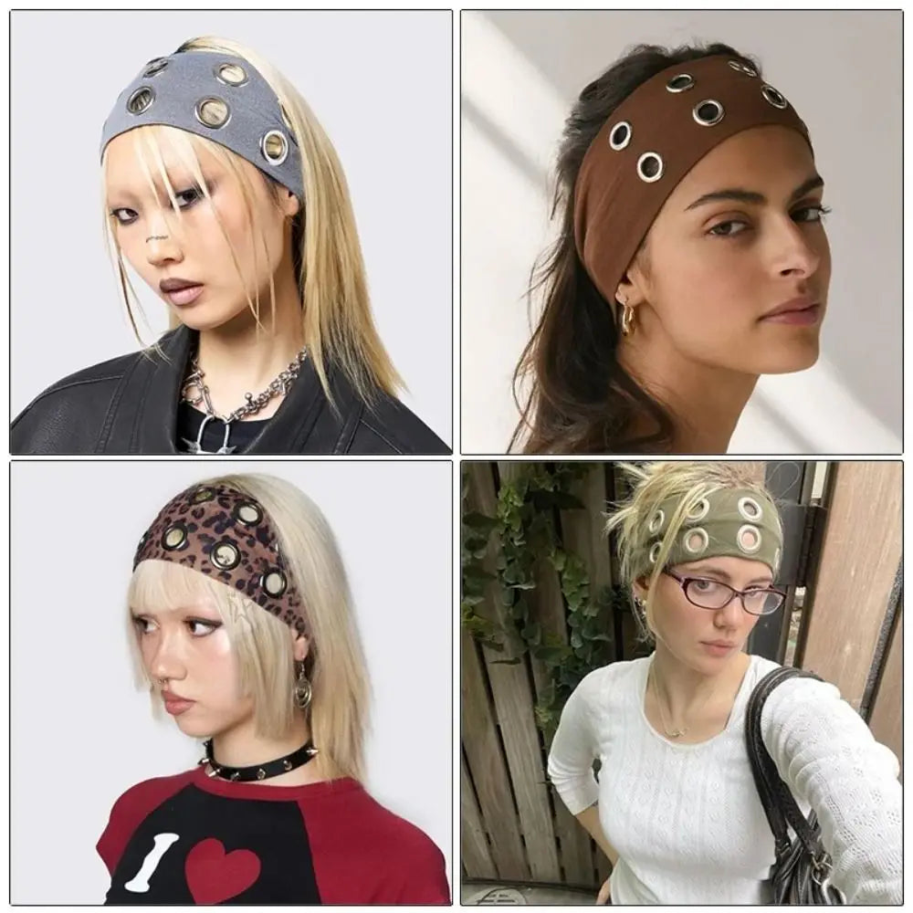 Leopard Print Hollow Metal Headband Cashew Pattern Solid Color Hollowed Out Eyelets Headband Rock Steampunk Hip-hop Qme