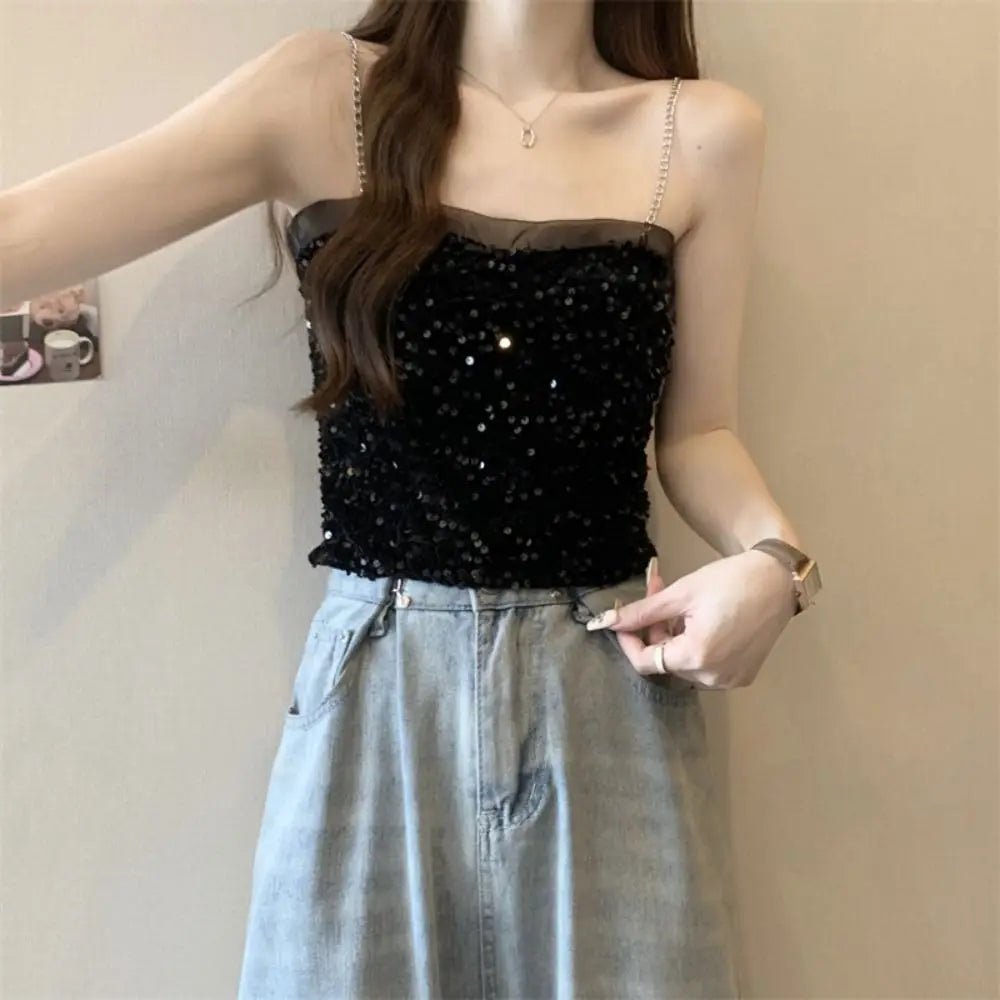 Fashion Crop Top Shiny Sequin Vest Slim Sweet Bottoming Shirt Party Bling Sleeveless Camisole Girl Qme