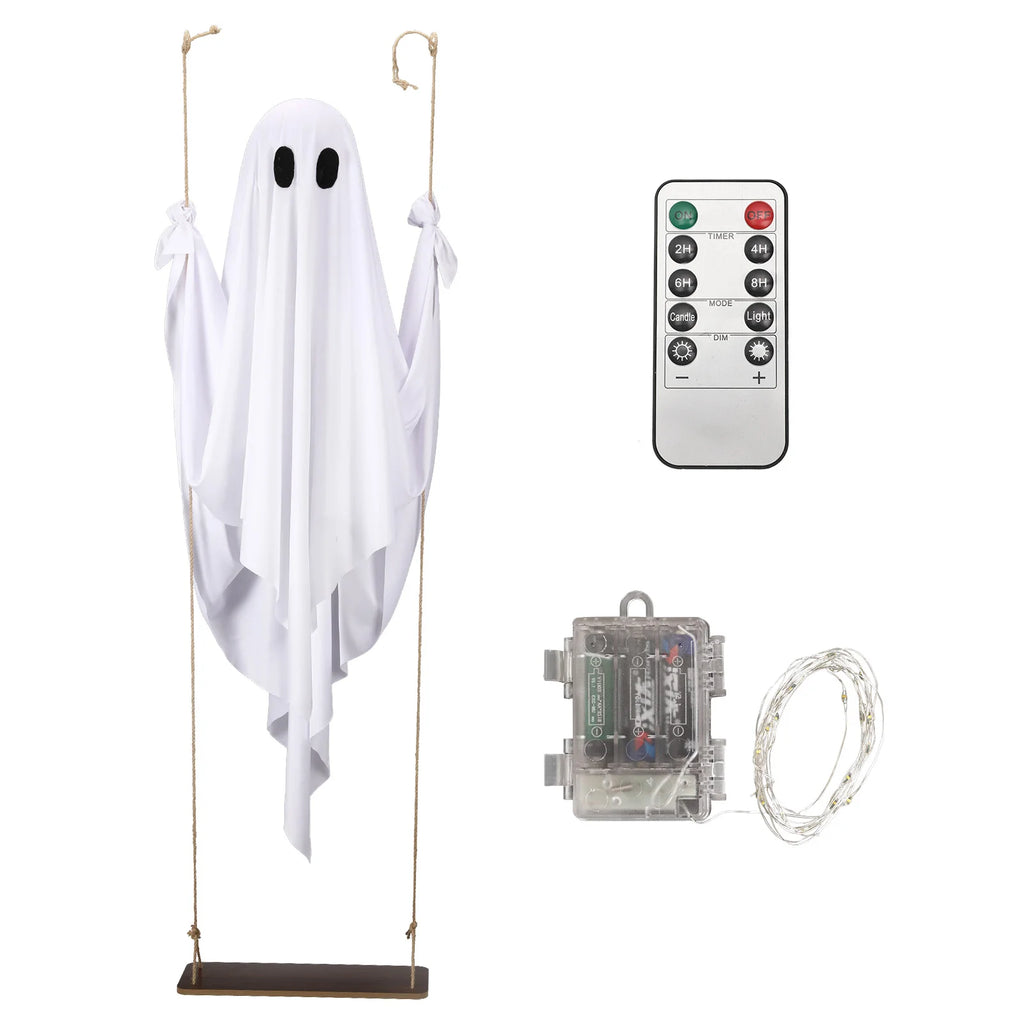 Decorations Outdoor Halloween Scary Ghost 5FT Large Hanging Ghost Swing with Remote Control String Lights Cosplay Party Decor Qme WHITE