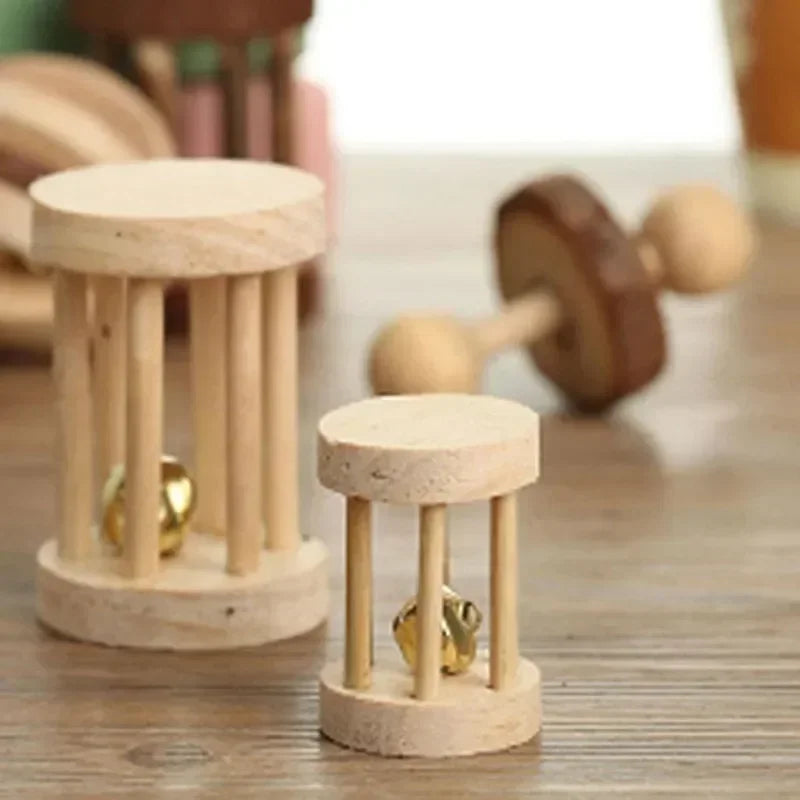 Natural Wood Chew Toys Rodents Rabbit-shaped Roller Bell Guinea Pig Qme
