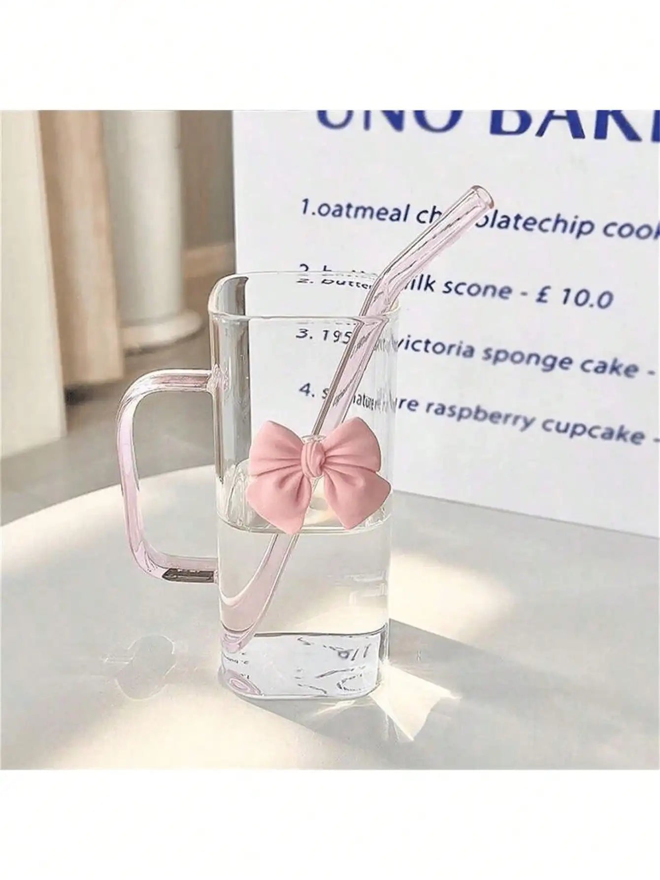 Pink Square Bowknot Glass Drinking Cup Without Straw Beautifully Qme