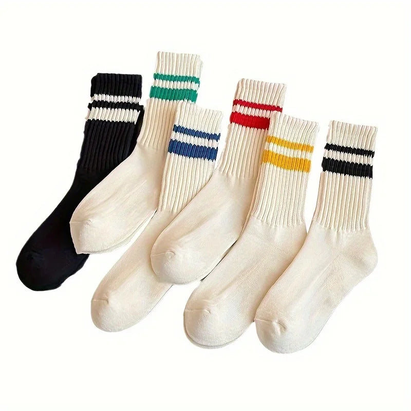 Striped Crew Socks, Casual Cotton Sport Socks for Men Women, Retro Style Qme