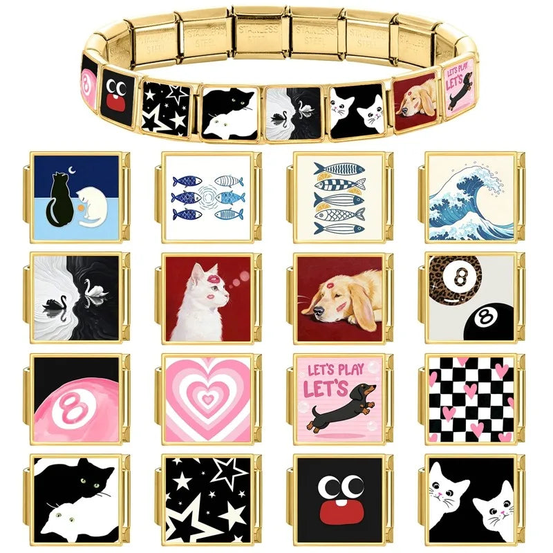 Black Golden Series Cute Cats Dogs Swan Heart Stars Italian Charm Link Fit 9mm Stainless Steel Bracelet DIY Making Jewelry Gifts Qme