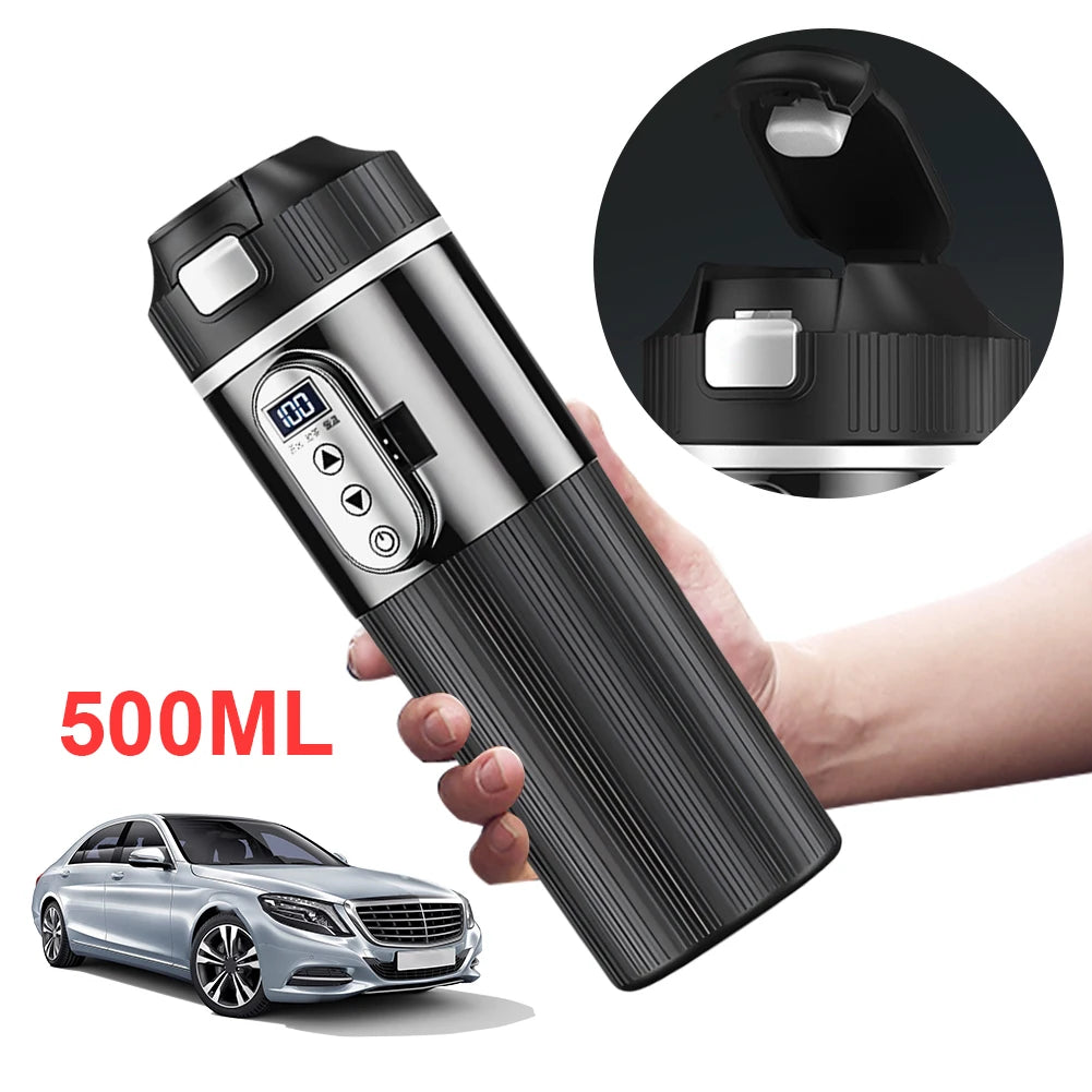 12V/24V 500ml Stainless Steel Car Heating Cup Smart Temperature Control Electric Kettle Stainless Steel Cup Water Warmer Bottle Qme