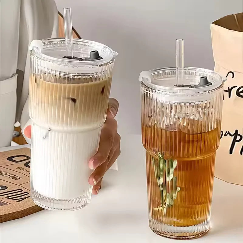 Large Capacity Stripe Glass Coffee Cup With Lid Cover Straw Transparent Drinking Glasses For Juice Iced Coffee Mugs Drinkware Qme