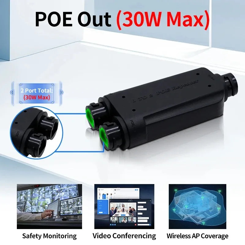 2 Port Waterproof POE Repeater IP66 10/100Mbps 1 to 2 PoE Extender with IEEE802.3af/at 48V Outdoor for POE Switch Camera Qme